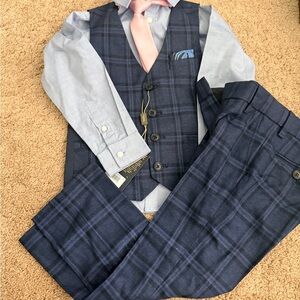 Navy Plaid Three-Piece Suit Vest & Pants Set -